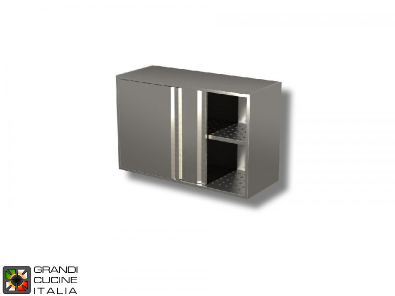  Stainless Steel Hanging Cabinet with Sliding Doors and Draining Shelves - AISI 430 - Length 120 Cm - Height 65 Cm - 2 Shelves
