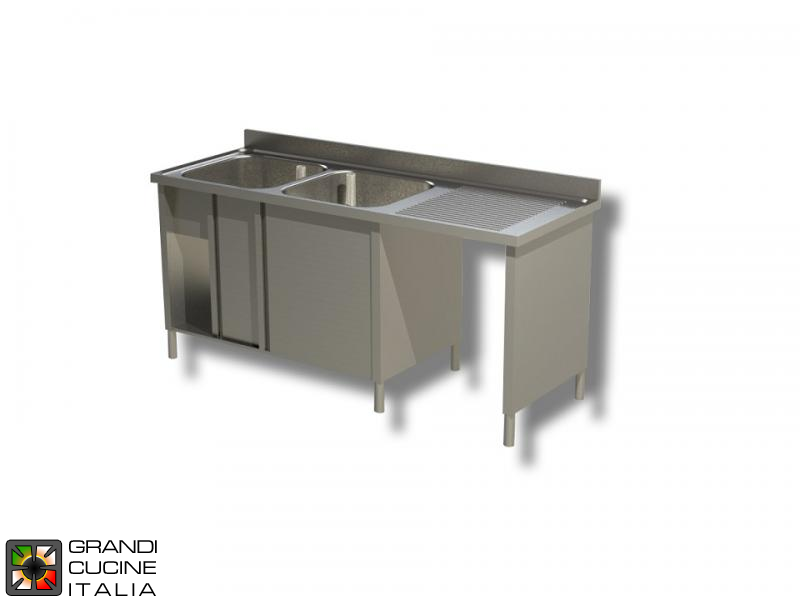  Cabinet Sink Unit with Hollow Dustbin - Sliding Doors - AISI 430 - Length 160 Cm - Width 60 Cm - Right Drainer - Double Basin - Bottom Shelf
