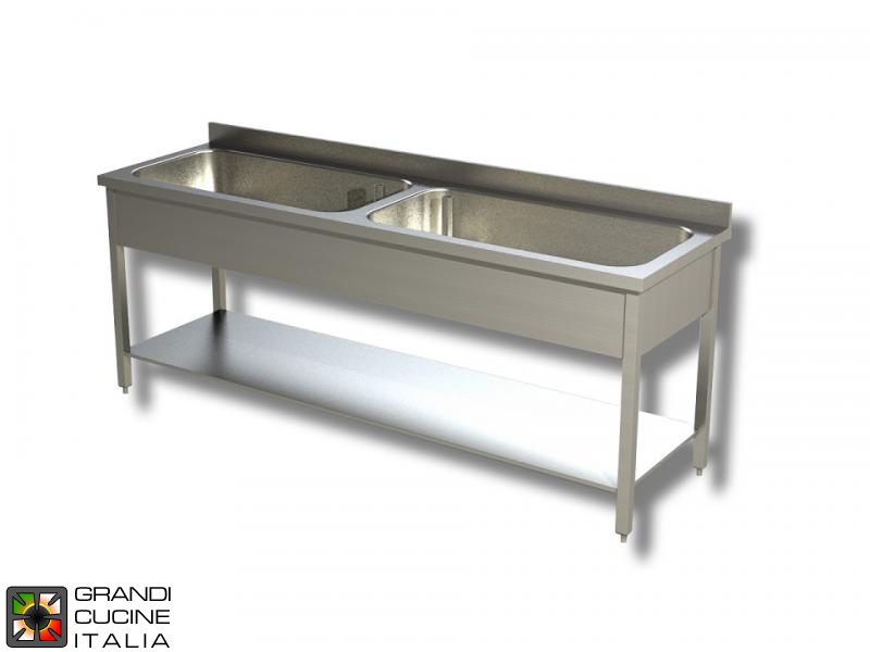  Sink Unit on Legs with Cookware Basin - AISI 304 - Length 160 Cm - Width 70 Cm - Double Basin - Bottom Shelf