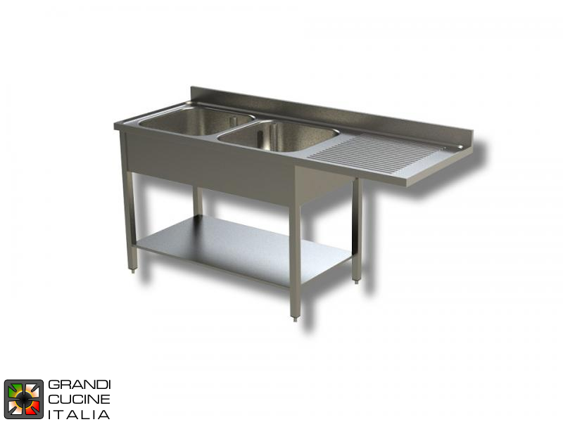  Sink Unit on Legs with Dishwasher Hollow - AISI 304 - Length 160 Cm - Width 70 Cm - Right Drainer - Double Basin - Bottom Shelf