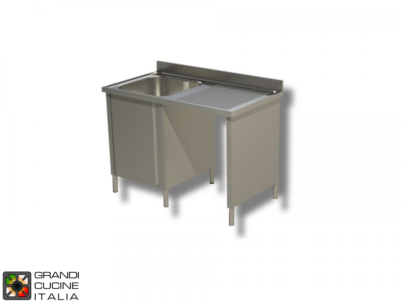  Cabinet Sink Unit with Hollow Dustbin - Hinged Door - AISI 430 - Length 120 Cm - Width 70 Cm - Right Drainer - Single Basin - Bottom Shelf