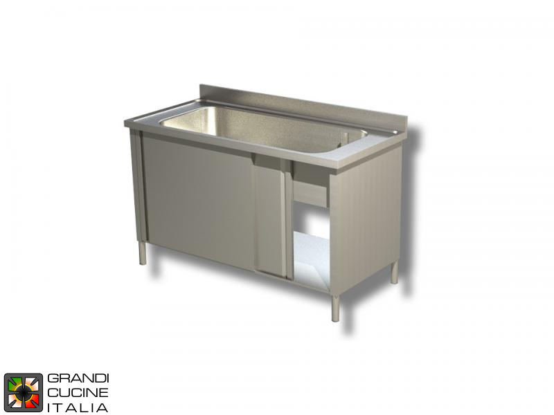  Cabinet Sink Unit with Cookware Basin - Sliding Doors - AISI 304 - Length 200 Cm - Width 70 Cm - Single Basin - Bottom Shelf