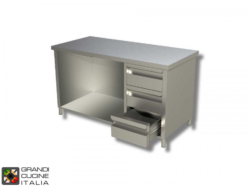  Stainless Steel Open Cabinet Work Table with Shelf and Right Side Drawers - AISI 430 - Length 220 Cm - Width 70 Cm - 3 Drawers