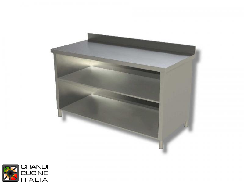  Stainless Steel Open Cabinet Work Table with Two Shelves - AISI 430 - Length 150 Cm - Width 60 Cm - with Backsplash