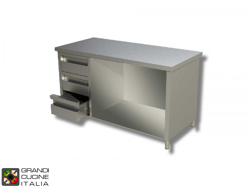  Stainless Steel Open Cabinet Work Table with Shelf and Left Side Drawers - AISI 304 - Length 220 Cm - Width 60 Cm - 3 Drawers