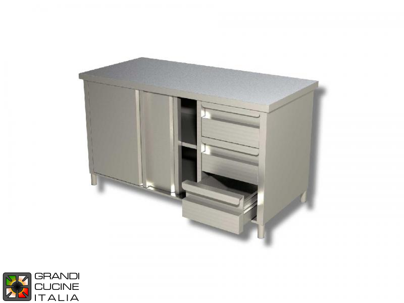  Stainless Steel Cabinet Work Table with Sliding Doors and Right Side Drawers - AISI 430 - Length 160 Cm - Width 70 Cm - 3 Drawers