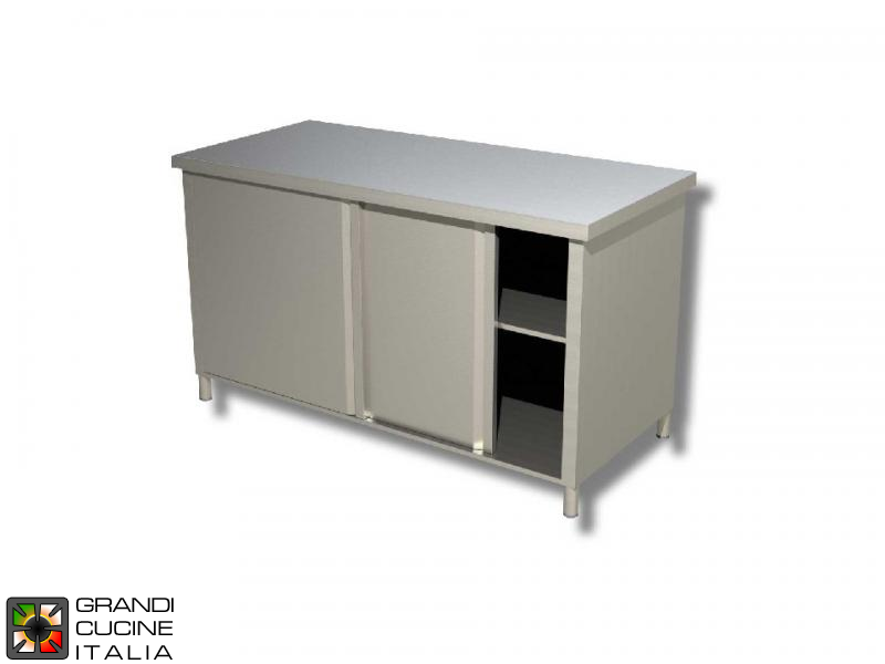  Stainless Steel Cabinet Work Table with Sliding Doors - AISI 304 - Length 180 Cm - Width 60 Cm