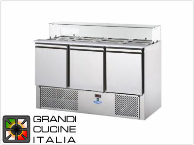  Refrigerated Saladette - GN 1/1 - Condiments Holder Capacity 16x GN 1/4 - Temperature +4°C / +10°C - Three Doors - Straight Glasses Superstructure - Smooth worktop - Static Refrigeration