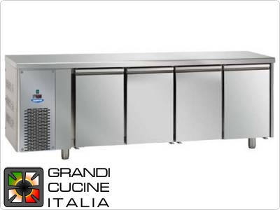  Refrigerated counters - GN 1/1 - Temperature -18°C / -22°C - Four doors - Engine compartment on the left - Smooth worktop