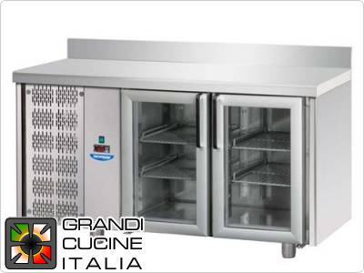  Refrigerated counters - GN 1/1 - Temperature 0°C / +10°C - Two doors - Engine compartment on the left - Worktop with splashback  - Ventilated cooling -  Glass doors