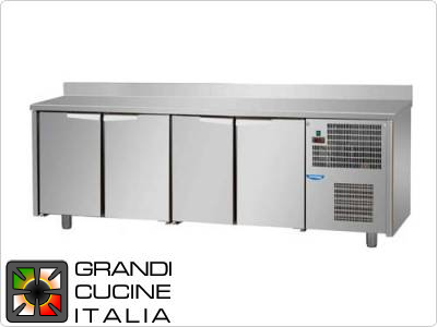  Refrigerated counter - Depth 60 Cm - Temperature 0°C / +10°C - Four Doors - Engine compartment on the right - Worktop with splashback - Ventilated Refrigeration