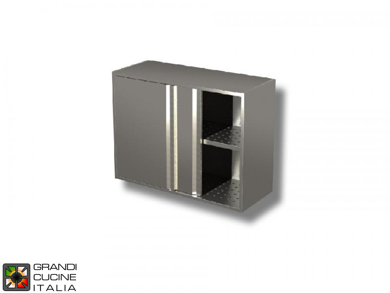  Stainless Steel Hanging Cabinet with Sliding Doors and Draining Shelves - AISI 304 - Length 140 Cm - Height 80 Cm - 2 Shelves
