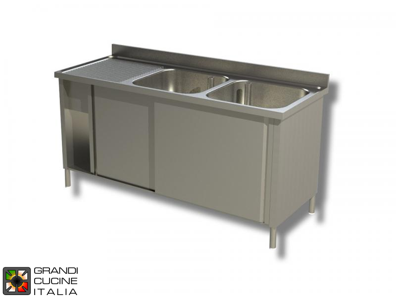  Cabinet Sink unit - Sliding Doors - AISI 304 - Length 150 Cm - Width 60 Cm - Left Drainer - Double Basin - Bottom Shelf