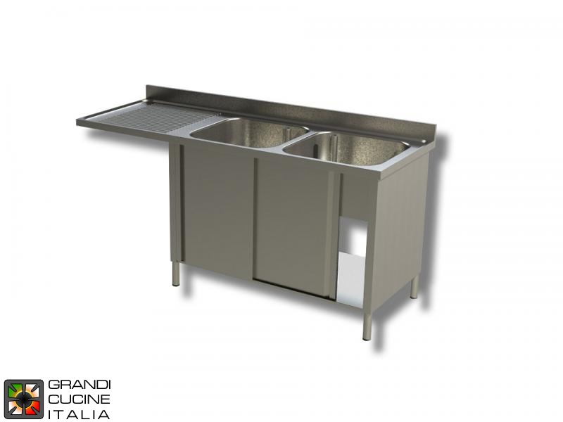  Cabinet Sink Unit with Dishwasher Hollow - Sliding Doors - AISI 304 - Length 160 Cm - Width 60 Cm - Left Drainer - Double Basin - Bottom Shelf