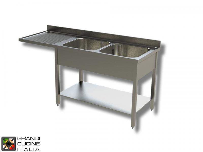  Sink Unit on Legs with Dishwasher Hollow - AISI 304 - Length 160 Cm - Width 70 Cm - Left Drainer - Double Basin - Bottom Shelf