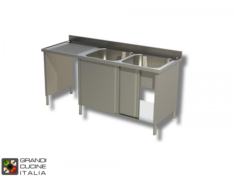  Cabinet Sink Unit with Hollow Dustbin - Sliding Doors - AISI 430 - Length 160 Cm - Width 70 Cm - Left Drainer - Double Basin - Bottom Shelf