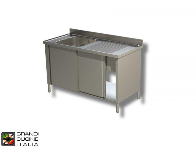  Cabinet Sink unit - Sliding Doors - AISI 304 - Length 150 Cm - Width 60 Cm - Right Drainer - Single Basin - Bottom Shelf