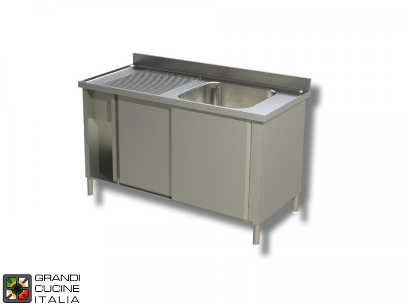  Cabinet Sink unit - Sliding Doors - AISI 304 - Length 130 Cm - Width 60 Cm - Left Drainer - Single Basin - Bottom Shelf