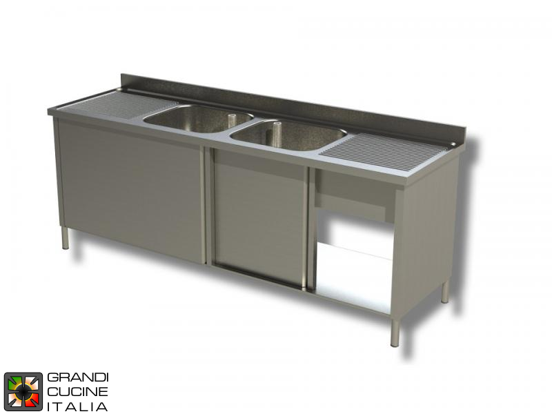  Cabinet Sink unit - Sliding Doors - AISI 304 - Length 220 Cm - Width 60 Cm - Double Drainer - Double Basin - Bottom Shelf