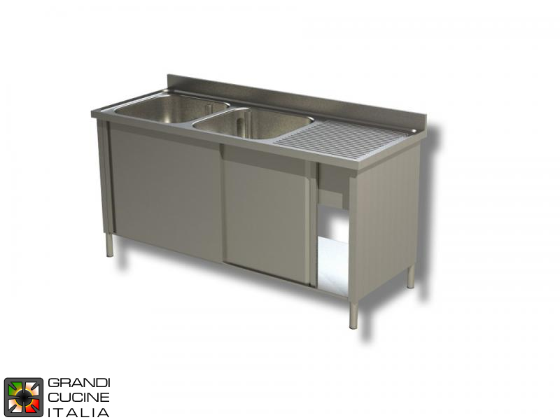  Cabinet Sink unit - Sliding Doors - AISI 430 - Length 200 Cm - Width 60 Cm - Right Drainer - Double Basin - Bottom Shelf