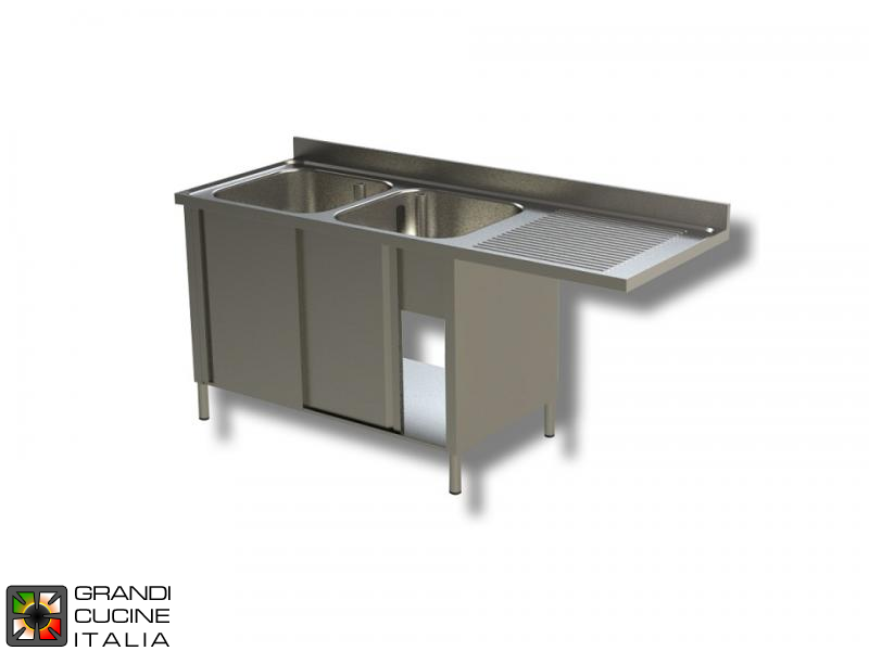  Cabinet Sink Unit with Dishwasher Hollow - Sliding Doors - AISI 304 - Length 180 Cm - Width 60 Cm - Right Drainer - Double Basin - Bottom Shelf