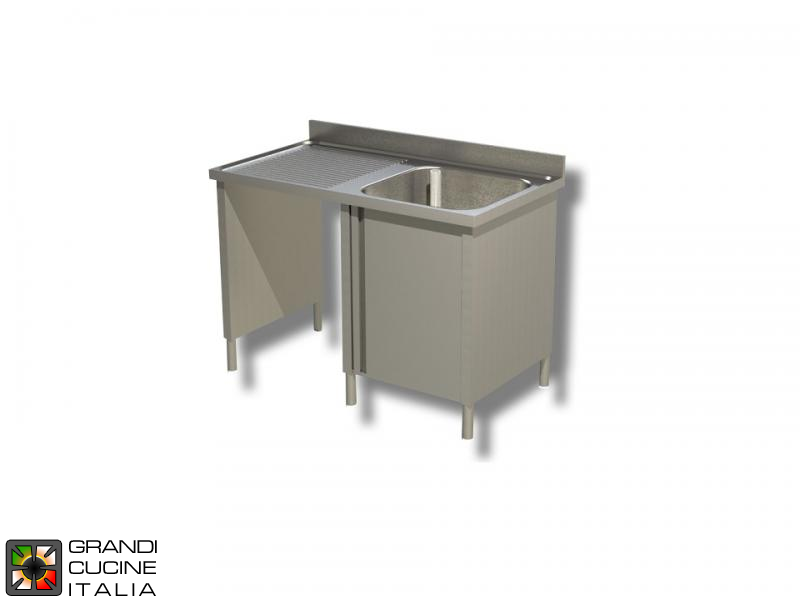  Cabinet Sink Unit with Hollow Dustbin - Hinged Door - AISI 430 - Length 120 Cm - Width 70 Cm - Left Drainer - Single Basin - Bottom Shelf
