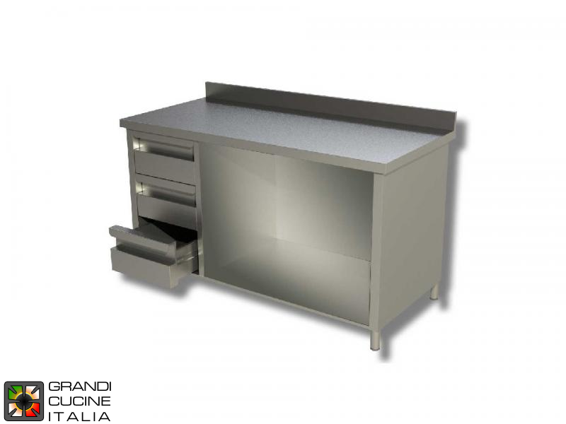  Stainless Steel Open Cabinet Work Table with Shelf and Left Side Drawers - AISI 304 - Length 190 Cm - Width 60 Cm - with Backsplash - 3 Drawers
