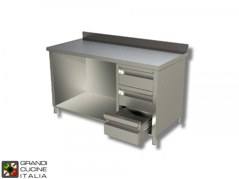  Stainless Steel Open Cabinet Work Table with Shelf and Right Side Drawers - AISI 430 - Length 120 Cm - Width 70 Cm - with Backsplash - 3 Drawers