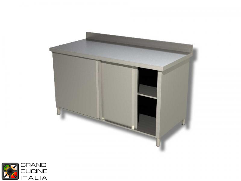  Stainless Steel Cabinet Work Table with Sliding Doors - AISI 430 - Length 110 Cm - Width 70 Cm - with Backsplash