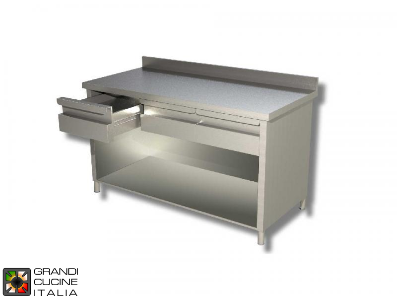  Stainless Steel Open Cabinet Work Table with Shelf and Drawers - AISI 304 - Length 160 Cm - Width 60 Cm - with Backsplash - 3 Drawers