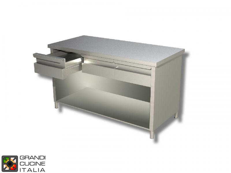  Stainless Steel Open Cabinet Work Table with Shelf and Drawers - AISI 430 - Length 180 Cm - Width 60 Cm - 4 Drawers