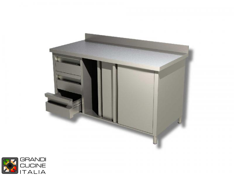  Stainless Steel Cabinet Work Table with Sliding Doors and Left Side Drawers - AISI 304 - Length 150 Cm - Width 60 Cm - with Backsplash - 3 Drawers