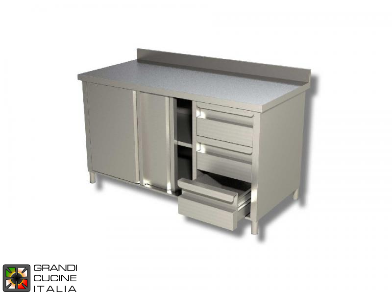 Stainless Steel Cabinet Work Table with Sliding Doors and Right Side Drawers - AISI 304 - Length 210 Cm - Width 60 Cm - with Backsplash - 3 Drawers