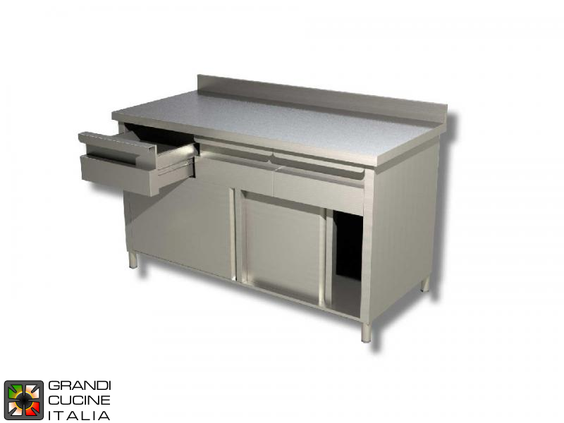  Stainless Steel Cabinet Work Table with Sliding Doors and Drawers - AISI 304 - Length 100 Cm - Width 60 Cm - with Backsplash - 2 Drawers