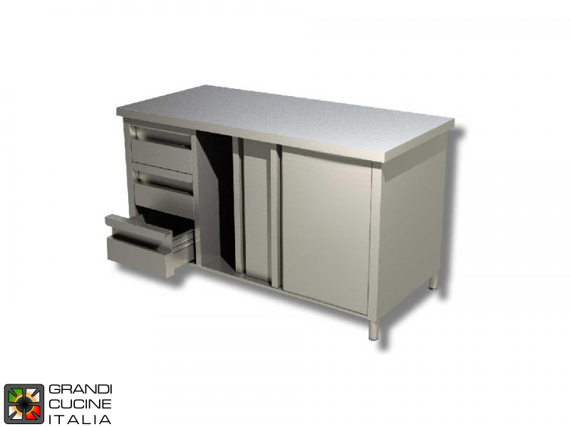  Stainless Steel Cabinet Work Table with Sliding Doors and Left Side Drawers - AISI 430 - Length 150 Cm - Width 60 Cm - 3 Drawers