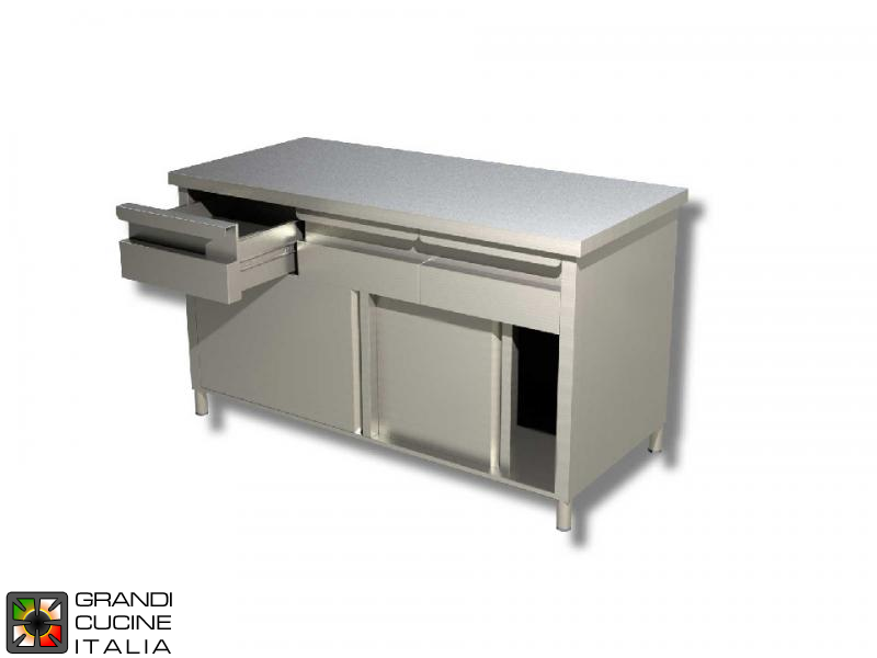  Stainless Steel Cabinet Work Table with Sliding Doors and Drawers - AISI 304 - Length 120 Cm - Width 60 Cm - 2 Drawers