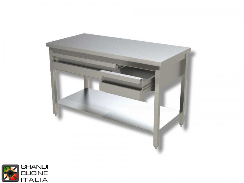  Tavolo da Lavoro in Acciaio Inox con Ripiano e Cassetti Sottobanco - AISI 304 - Larghezza 200 Cm - Profondità 70 Cm - 4 Cassetti