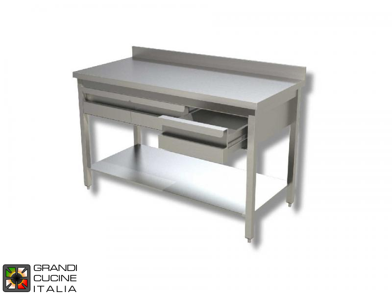  Stainless Steel Work table with Shelf and Table Drawers - AISI 430 - Length 180 Cm - Width 70 Cm - with Backsplash - 4 Drawers