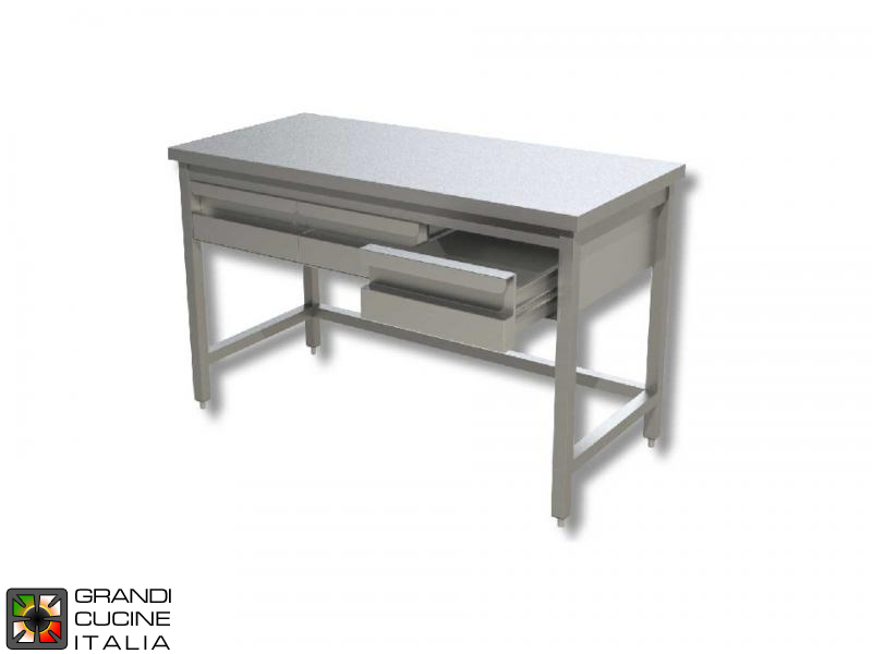  Tavolo da Lavoro in Acciaio Inox con Telaio e Cassetti Sottobanco - AISI 304 - Larghezza 200 Cm - Profondità 60 Cm - 4 Cassetti