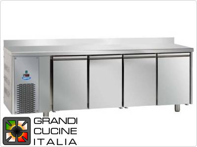  Refrigerated counters - GN 1/1 - Temperature -18°C / -22°C - Four doors - Engine compartment on the left - Worktop with splashback