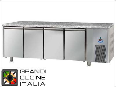  Refrigerated counters - GN 1/1 - Temperature -18°C / -22°C - Four doors - Engine compartment on the right - Stone Worktop