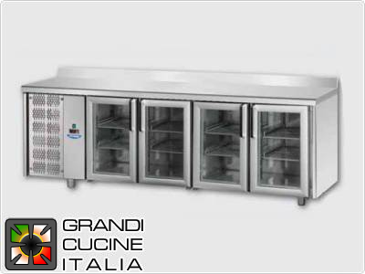 Refrigerated counters - GN 1/1 - Temperature 0°C / +10°C - Four doors - Engine compartment on the left - Worktop with splashback  - Ventilated cooling -  Glass doors
