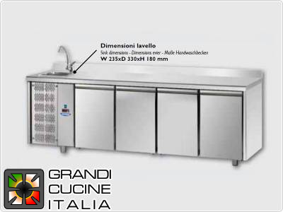  Refrigerated counters - GN 1/1 - Temperature 0°C / +10°C - Four doors - Engine compartment on the left - Worktop with sink and backsplash - Ventilated cooling