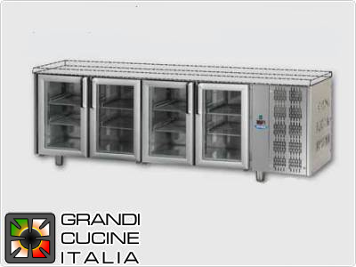  Tavolo frigorifero - GN 1/1 - Temperatura 0°C / +10°C - Quattro sportelli - Vano motore destro - Senza piano di lavoro - Refrigerazione ventilata -  Porte a vetri