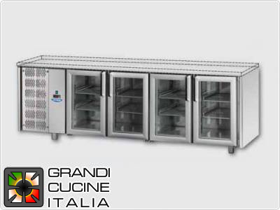  Tavolo frigorifero - GN 1/1 - Temperatura 0°C / +10°C - Quattro sportelli - Vano motore sinistro -  Senza piano di lavoro - Refrigerazione ventilata -  Porte a vetri