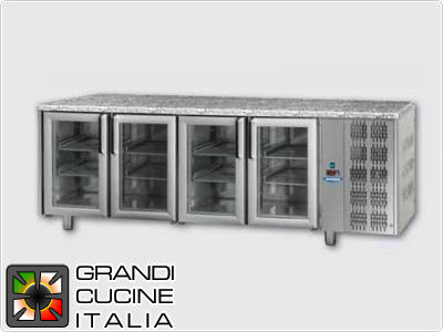  Refrigerated counters - GN 1/1 - Temperature 0°C / +10°C - Four doors - Engine compartment on the right - Stone Worktop  - Ventilated cooling -  Glass doors