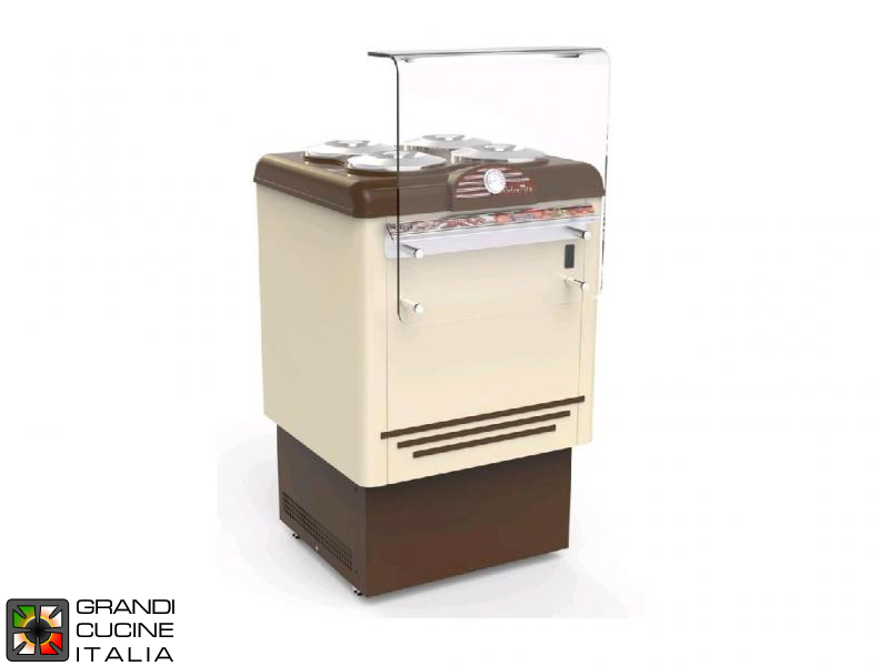  Scoop Ice Cream Refrigerated Cabinet - N°4 Cylindrical Tubs - Static Refrigeration - on Pivoting Castors - Vintage Style