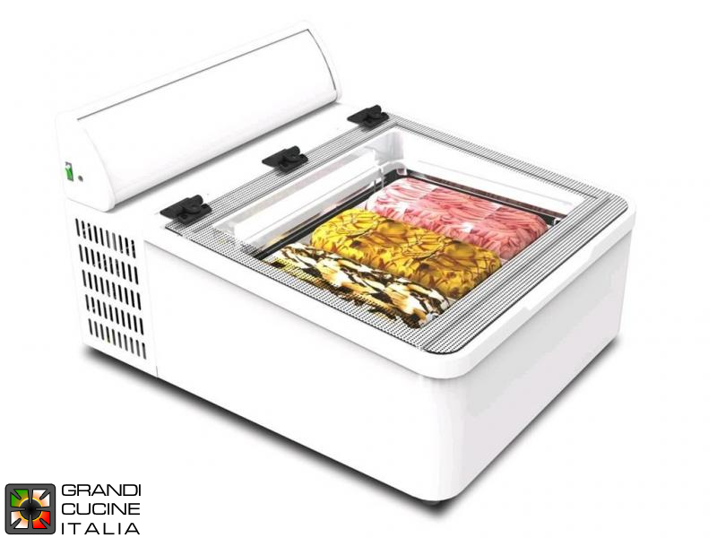  Tabletop Scoop Ice Cream Showcase - Capacity N°3 Bins - Static Refrigeration - Tabletop - White Color - Led Illumination